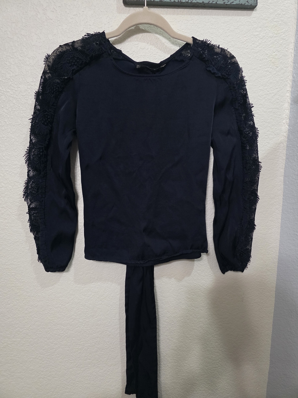 Zara Basic Navy Blue Satin Lace Sleeve Blouse